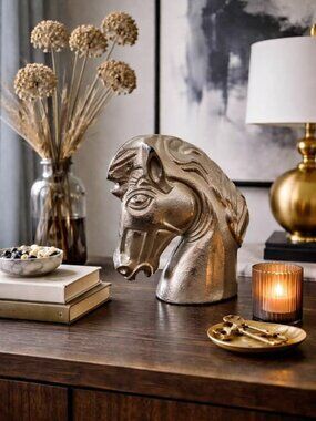 Metallic Horse Head Sculpture – Art Deco Style Bust, 10” Tall